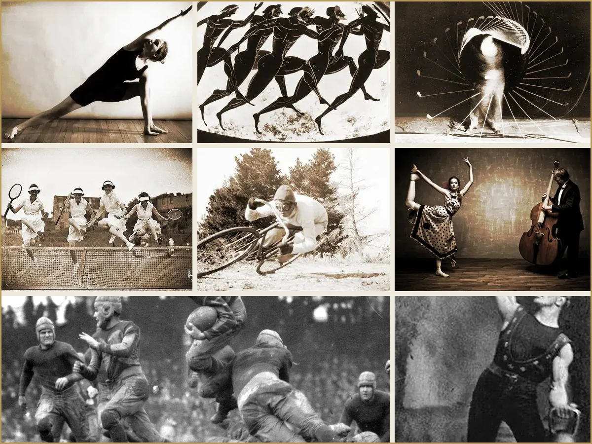 Montage of sport, yoga, running, golf, tennis, cycling, performance arts, football, and strength training